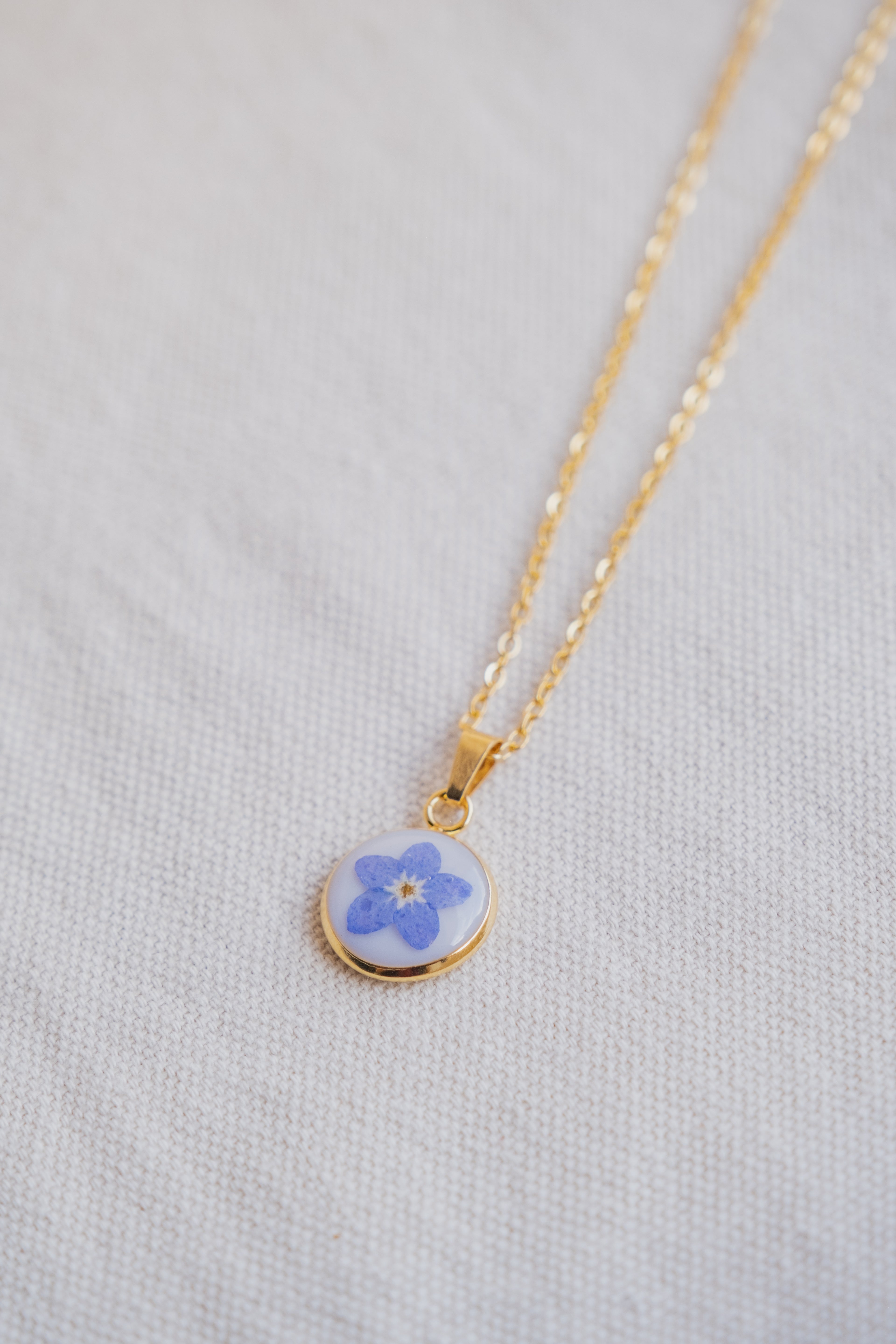Collana fondo colorato con Myosotis "Non ti scordar di me"