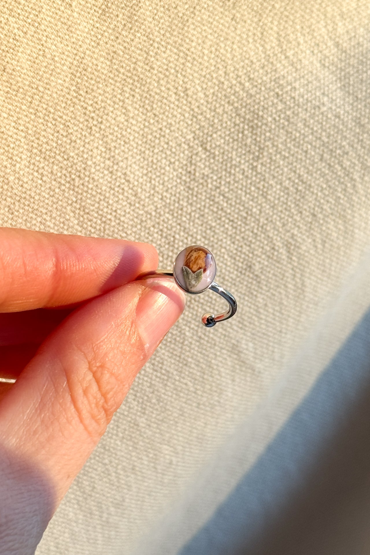 Anello con fondo rosa e fiore di rosmarino